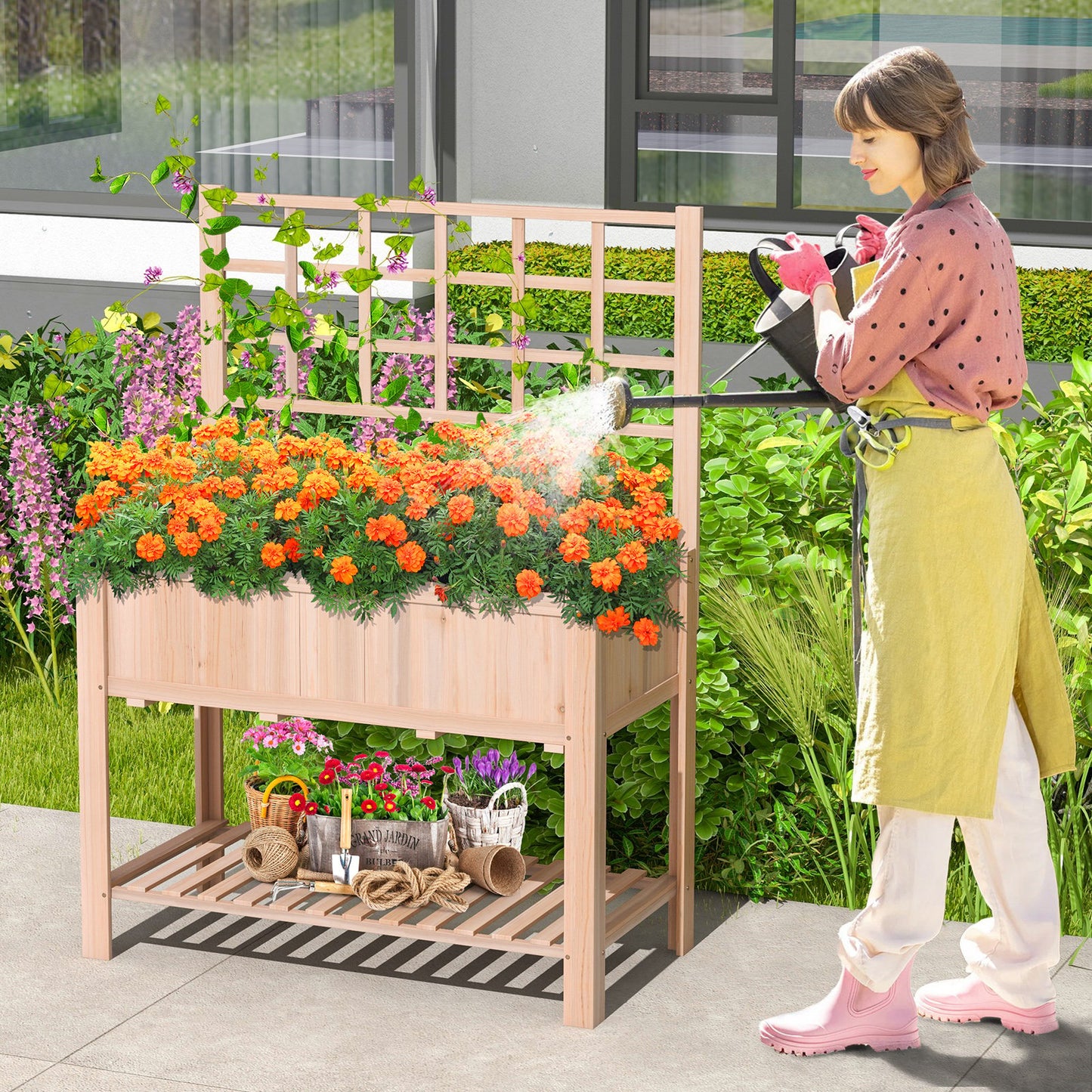 Raised Garden Bed Elevated Wooden Planter Box with Trellis