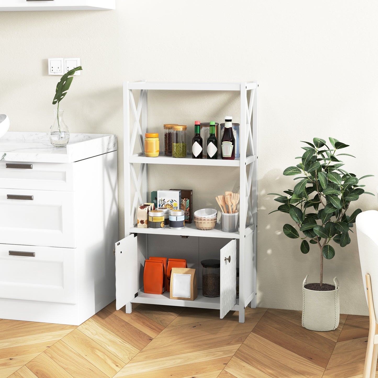 Bathroom Storage Cabinet with Open Shelves and Double Doors-Black