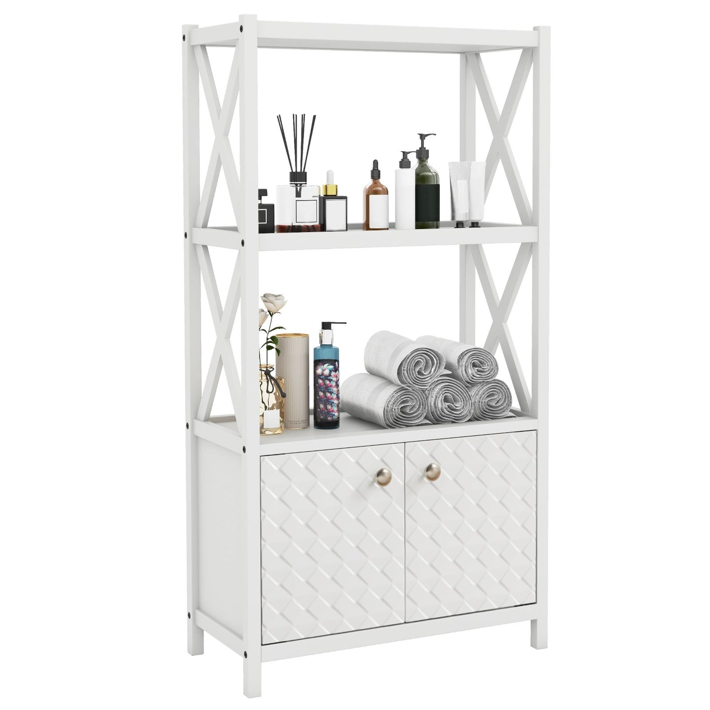 Bathroom Storage Cabinet with Open Shelves and Double Doors-Black