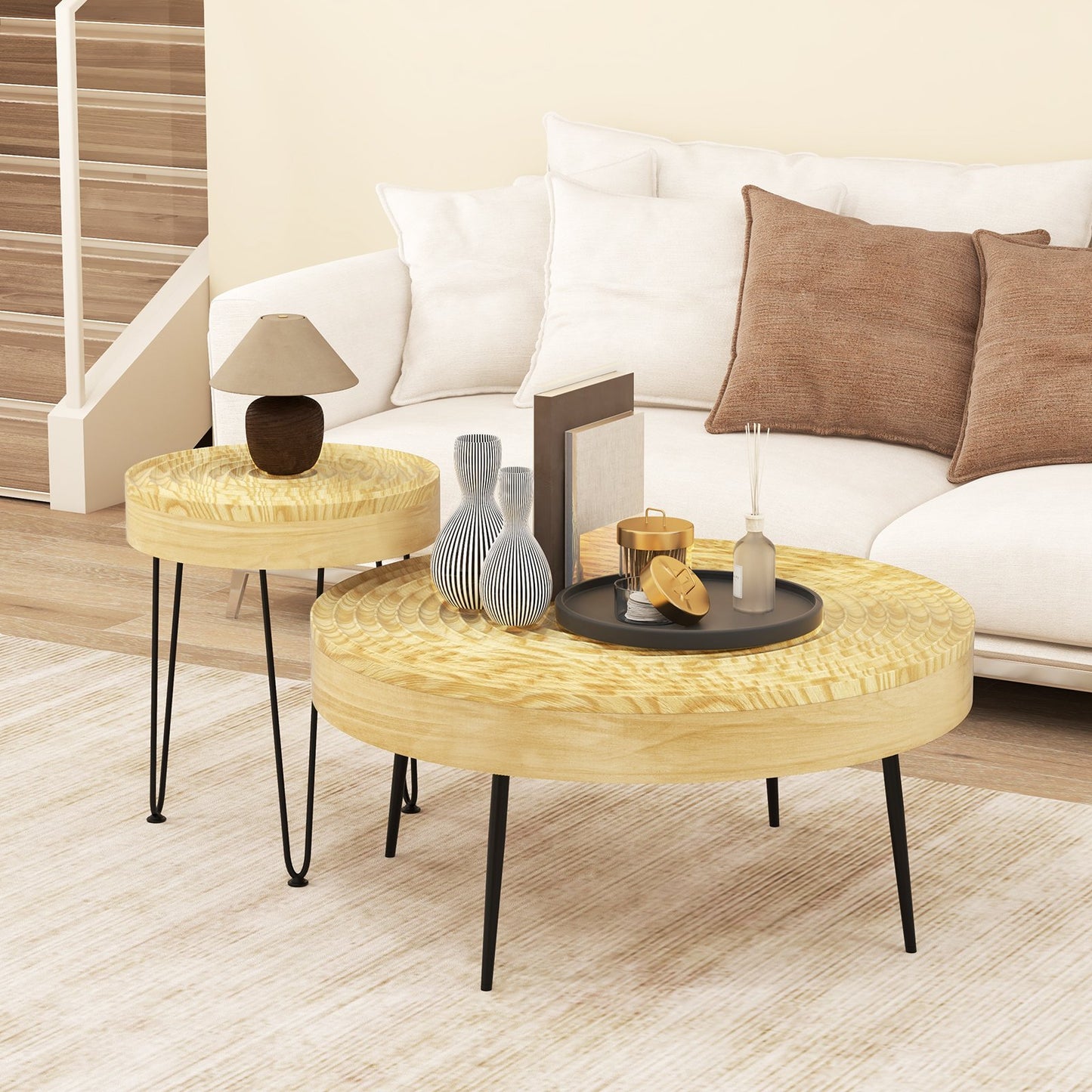 Set of 2 Solid Wood Ring Pattern Farmhouse Round Coffee Tables-Brown