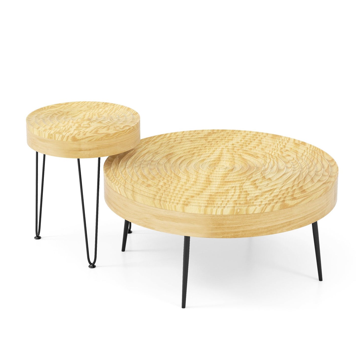 Set of 2 Solid Wood Ring Pattern Farmhouse Round Coffee Tables-Brown