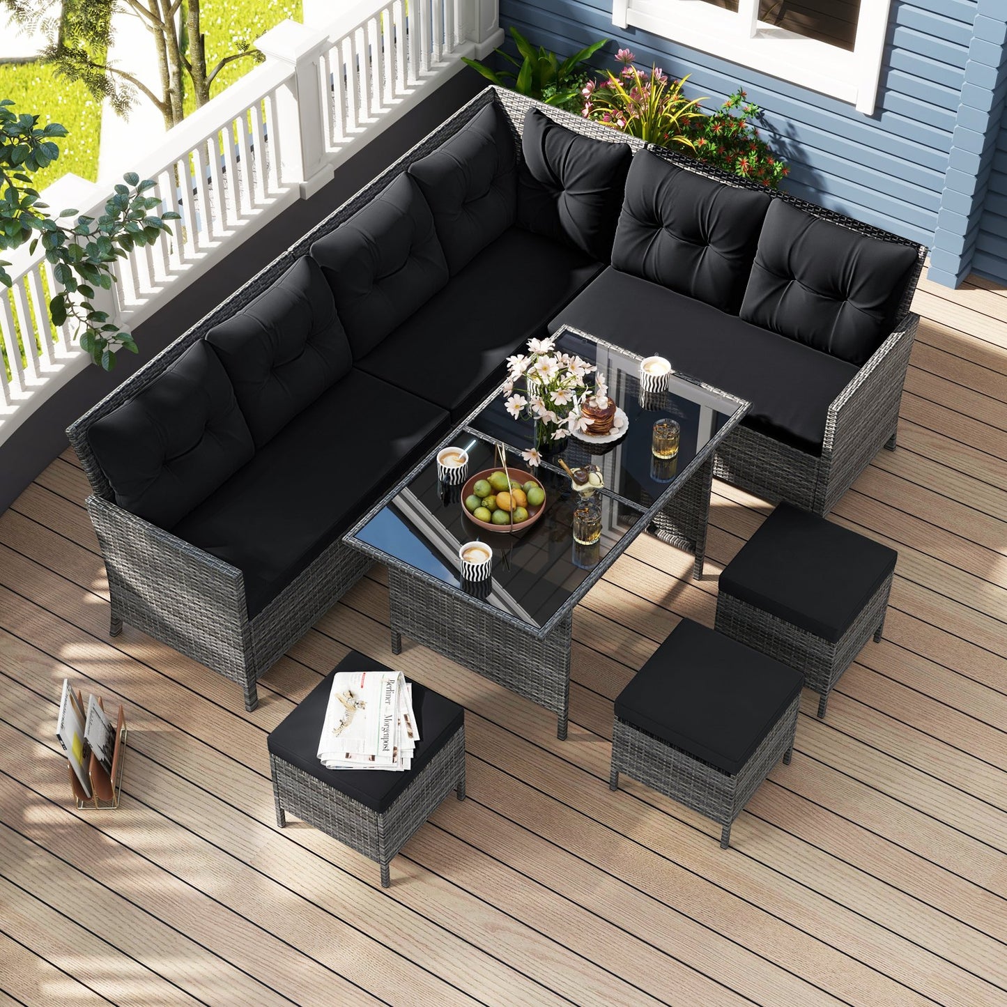 7 Pieces Patio Dining Furniture Set with Soft Cushions and Ottomans-Black