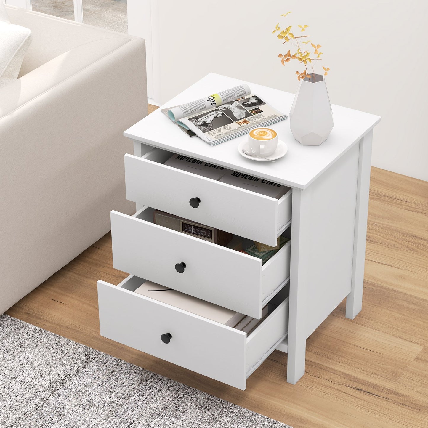 3-Drawer Wooden Nightstand Modern Bedside Table-Black