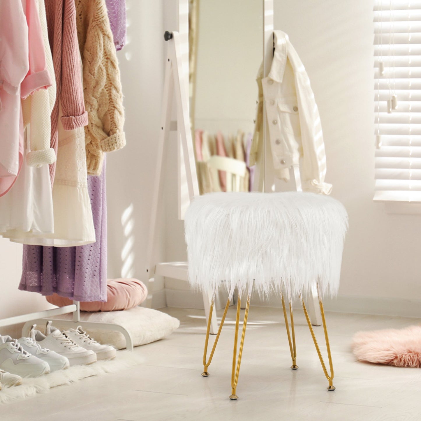 Faux Fur Vanity Stool Chair with Metal Legs for Bedroom and Living Room-Pink