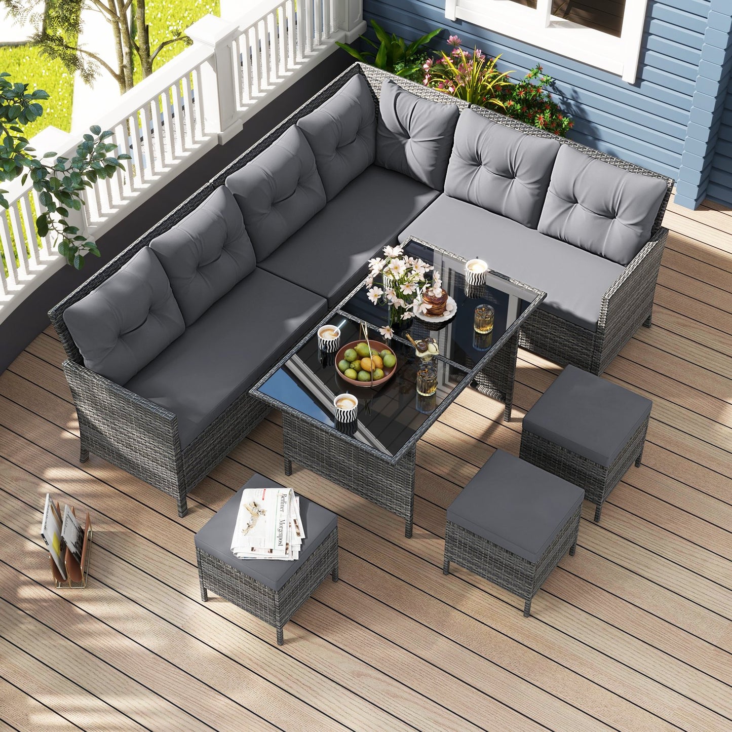 7 Pieces Patio Dining Furniture Set with Soft Cushions and Ottomans-Black