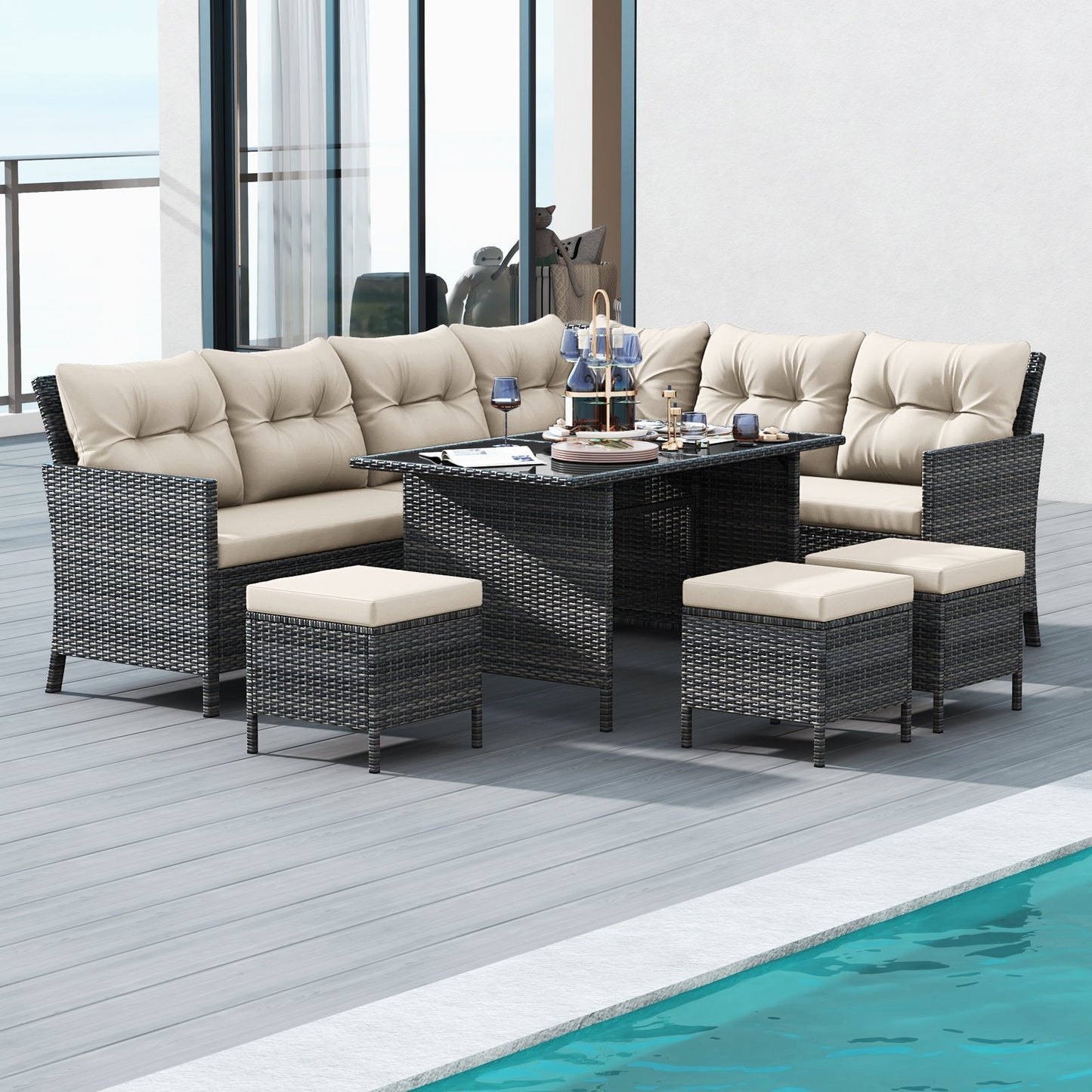 7 Pieces Patio Dining Furniture Set with Soft Cushions and Ottomans-Black