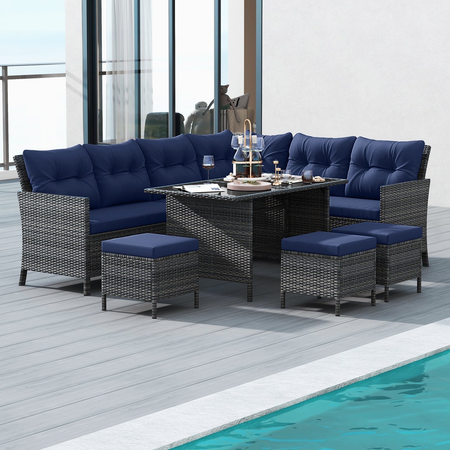7 Pieces Patio Dining Furniture Set with Soft Cushions and Ottomans-Black