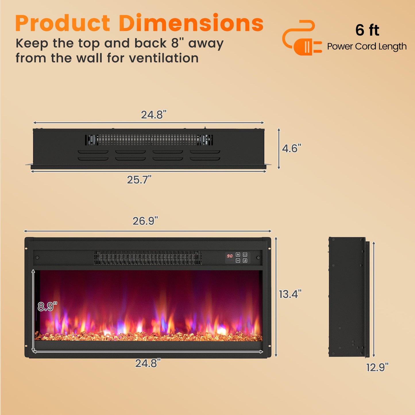 26-inch electric fireplace insert with remote control, 1500W, for home heating and ambiance by Wilsons Home Store.