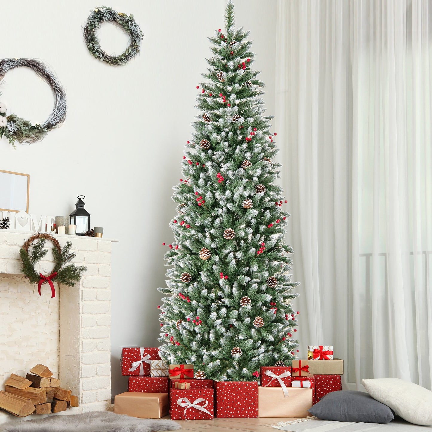 Pre-lit Artificial Pencil Christmas Tree with Pine Cones and Red Berries-7 ft