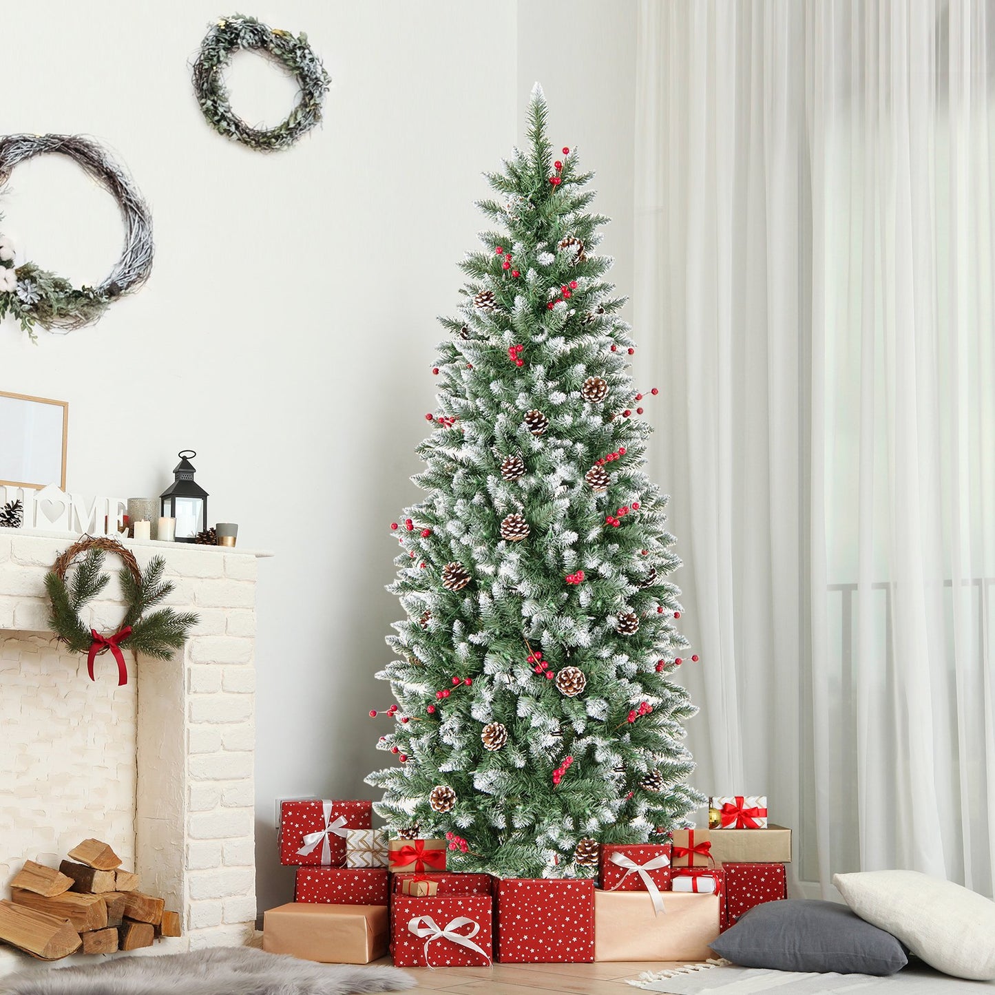 Pre-lit Artificial Pencil Christmas Tree with Pine Cones and Red Berries-7 ft