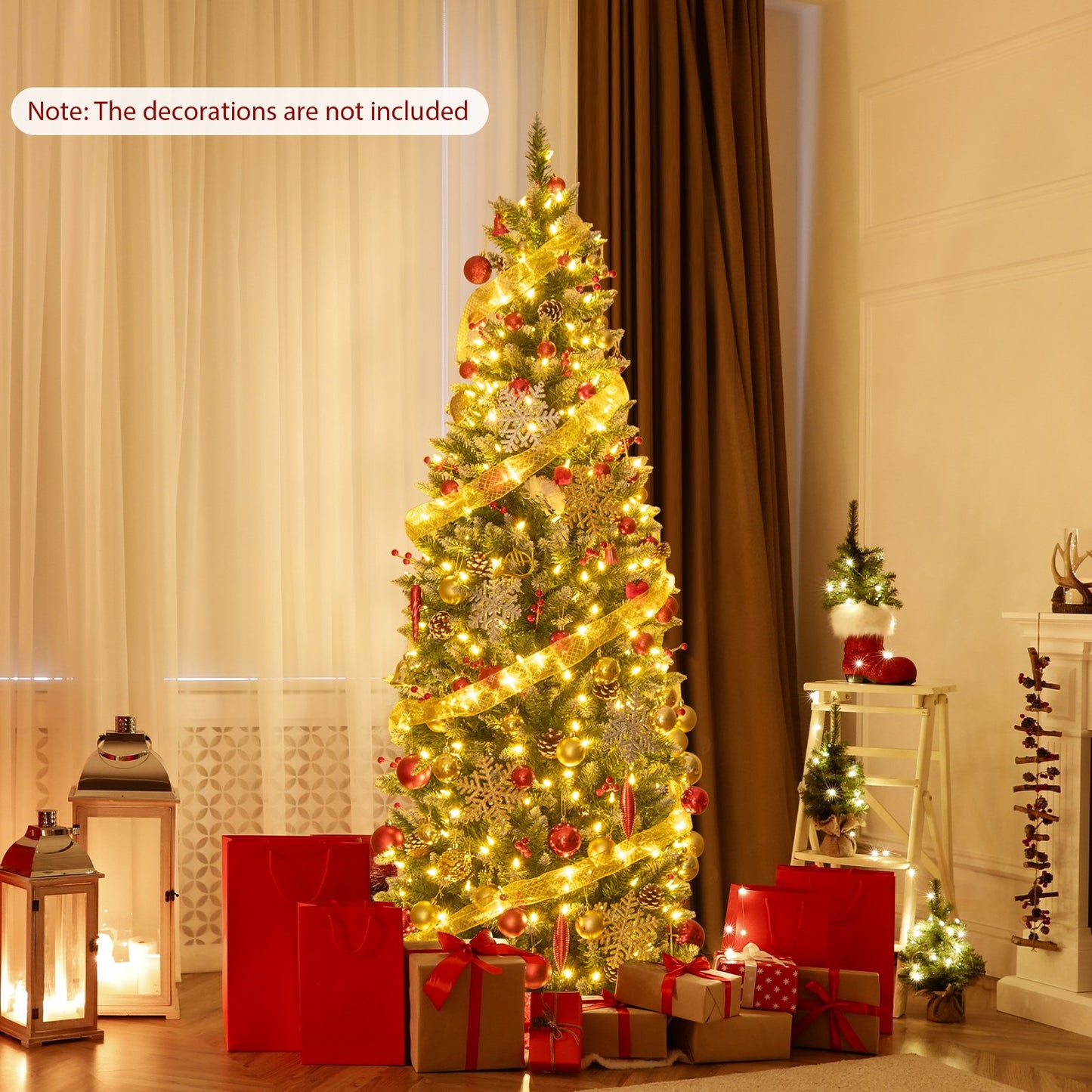 Pre-lit Artificial Pencil Christmas Tree with Pine Cones and Red Berries-7 ft