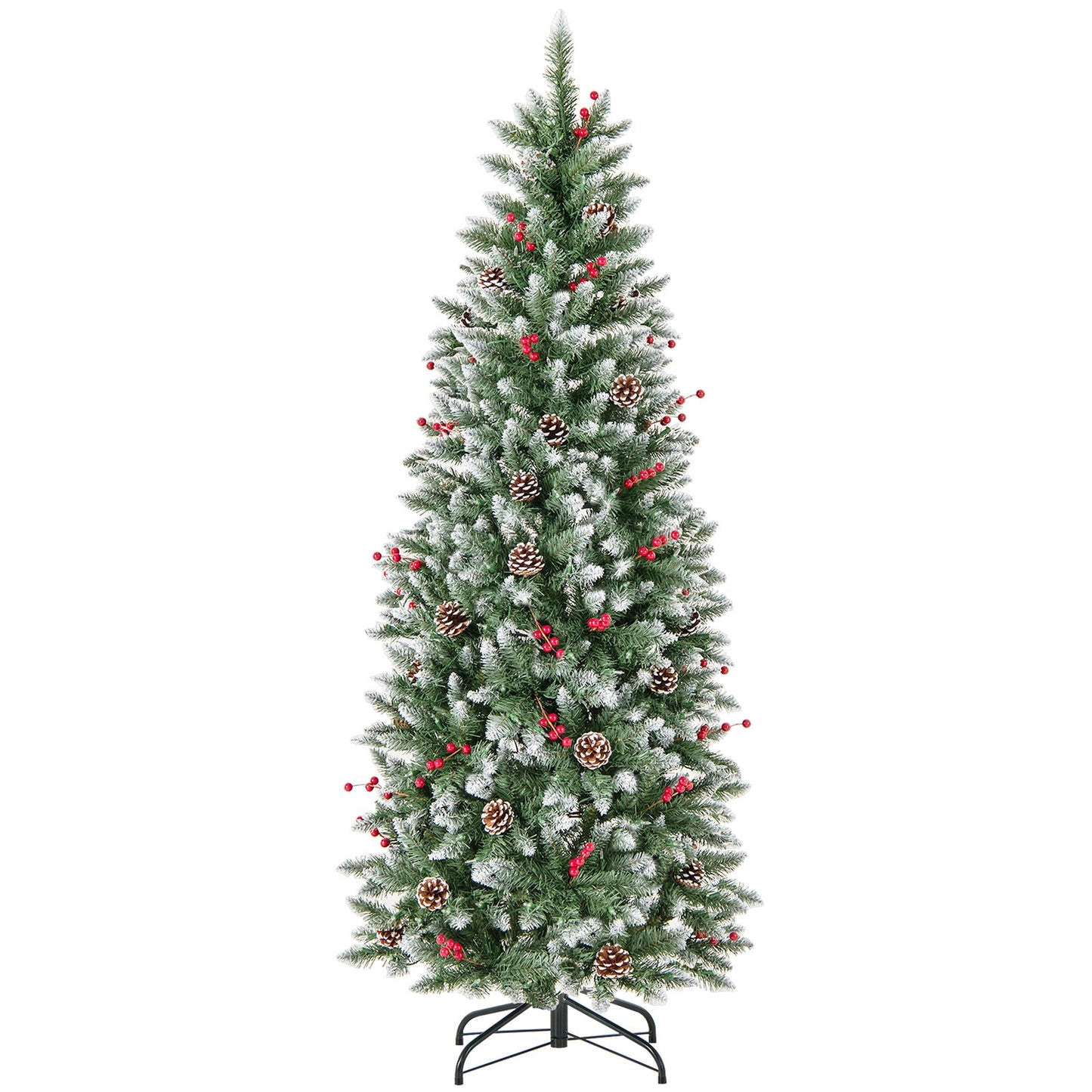 Pre-lit Artificial Pencil Christmas Tree with Pine Cones and Red Berries-7 ft
