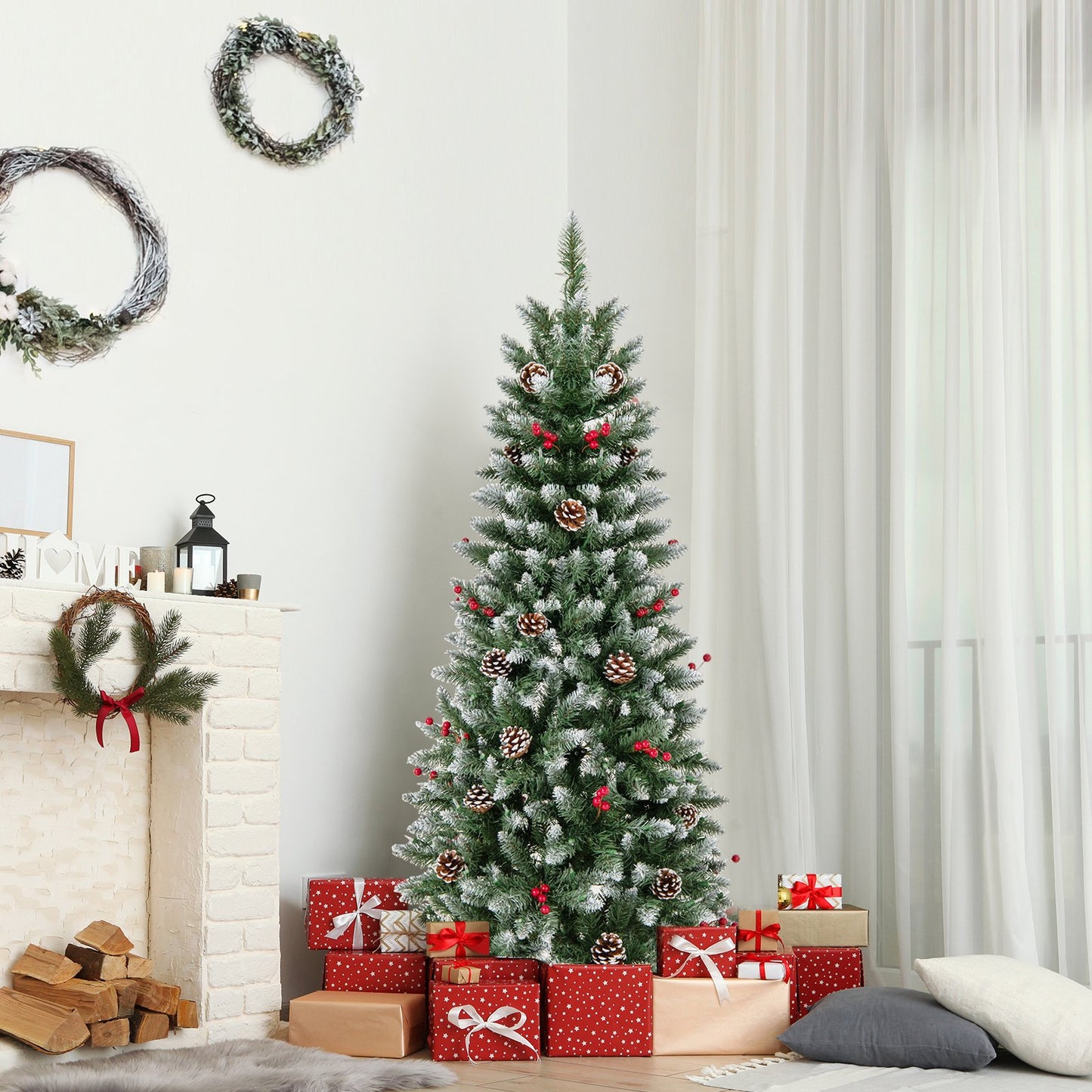 Pre-lit Artificial Pencil Christmas Tree with Pine Cones and Red Berries-7 ft