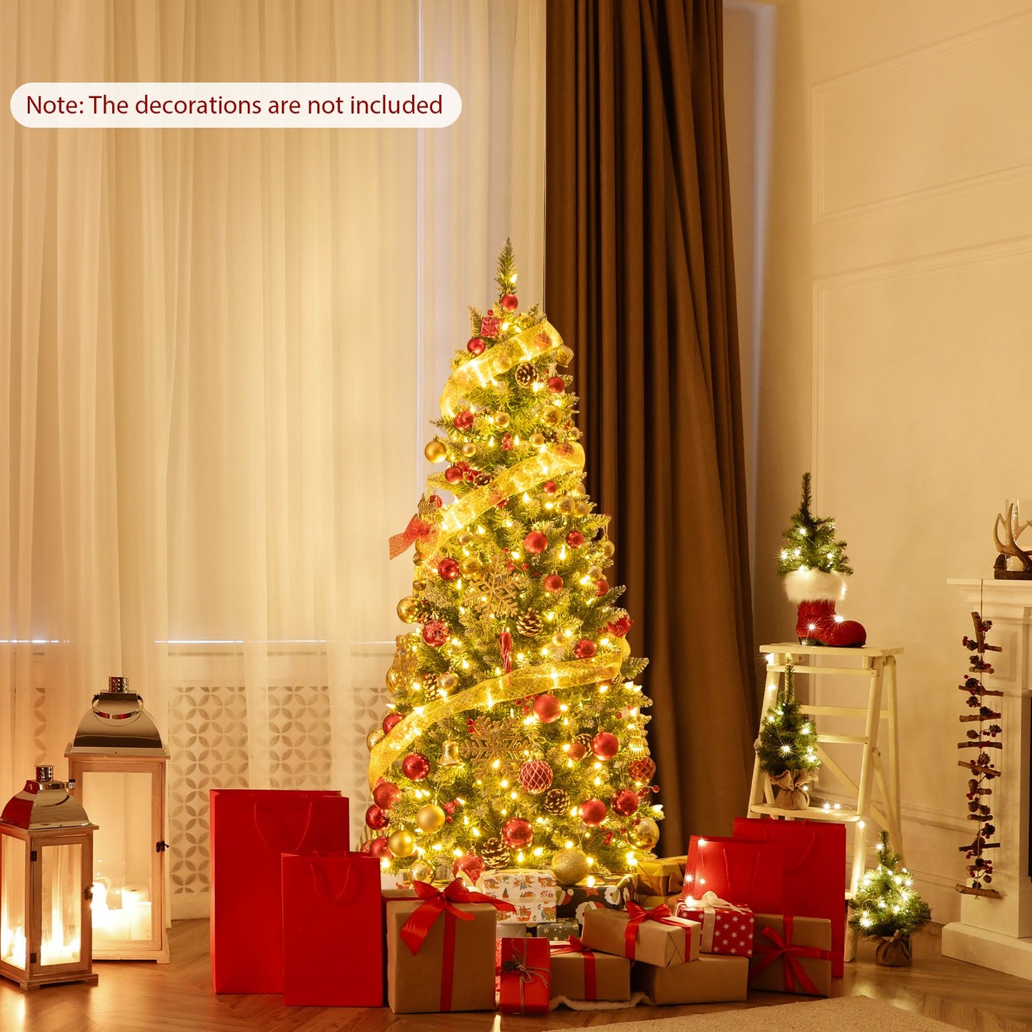Pre-lit Artificial Pencil Christmas Tree with Pine Cones and Red Berries-7 ft