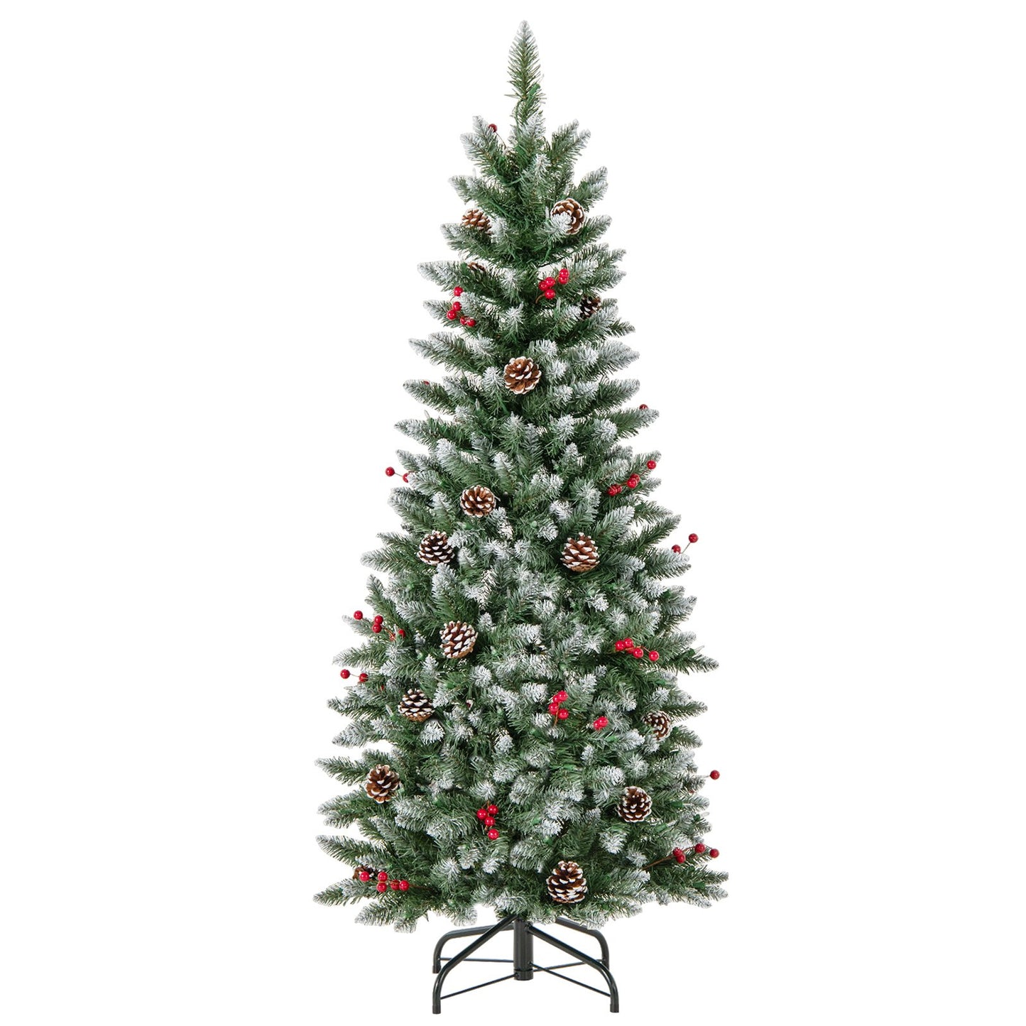 Pre-lit Artificial Pencil Christmas Tree with Pine Cones and Red Berries-7 ft