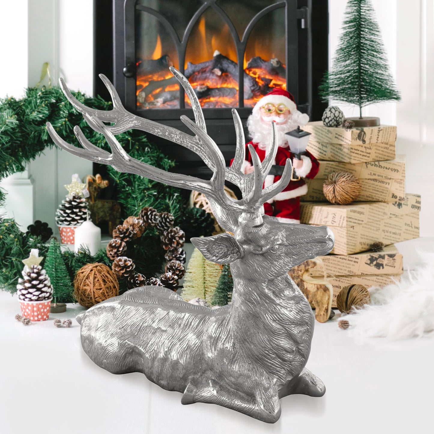 Standing Reindeer Statue Aluminum Deer Sculpture for Indoors Christmas Decor-Black