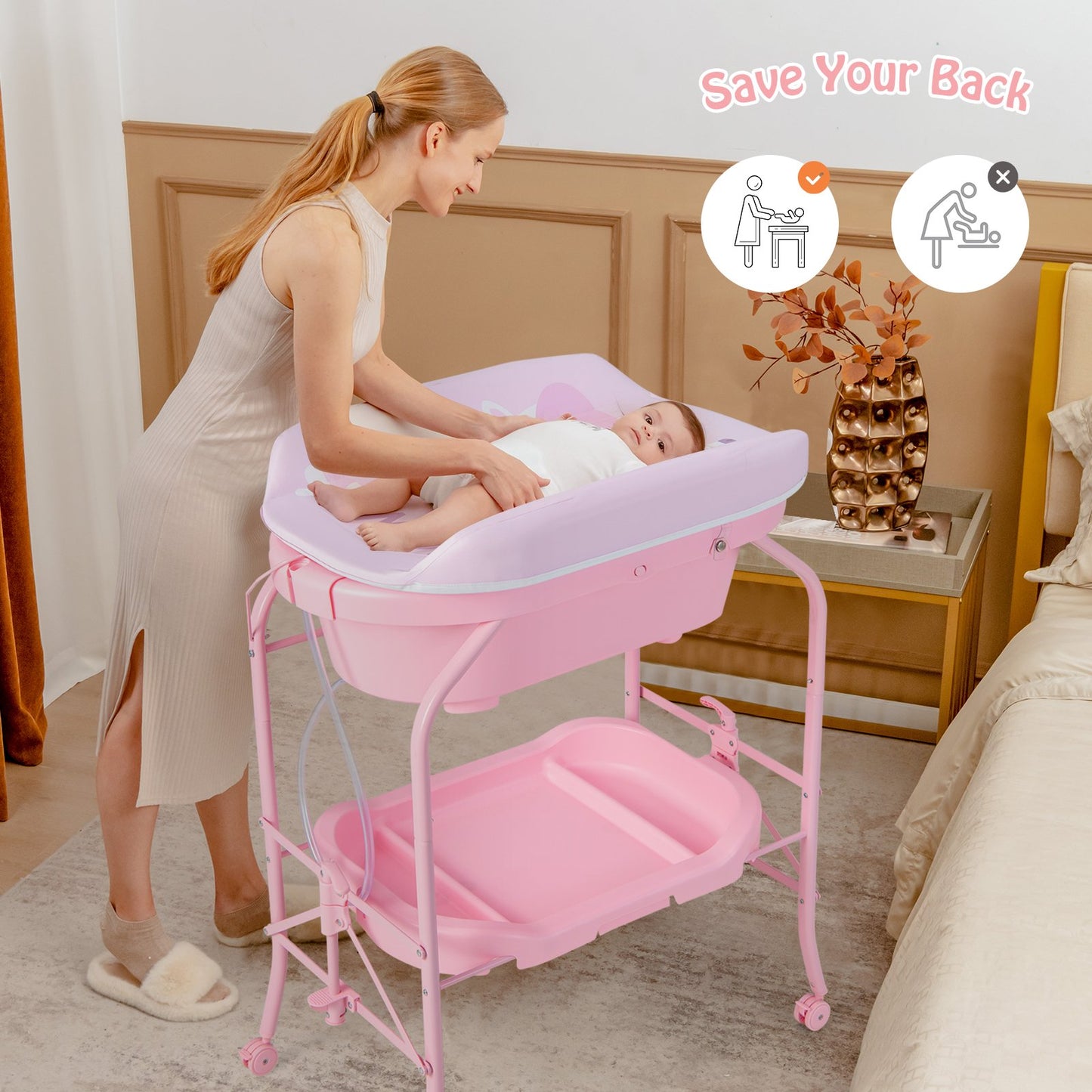 Folding Baby Changing Table with Bathtub and 4 Universal Wheels-Blue