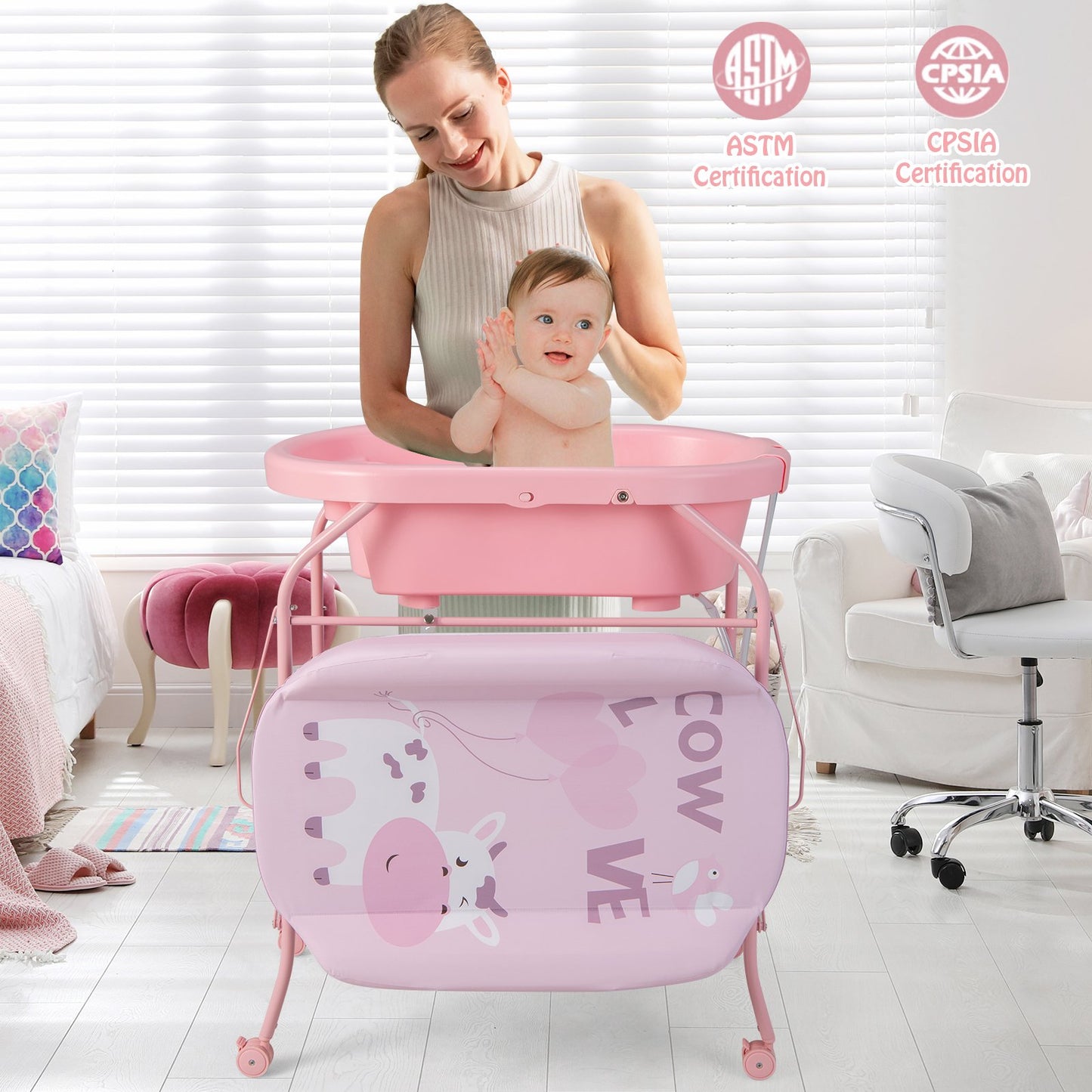 Folding Baby Changing Table with Bathtub and 4 Universal Wheels-Blue