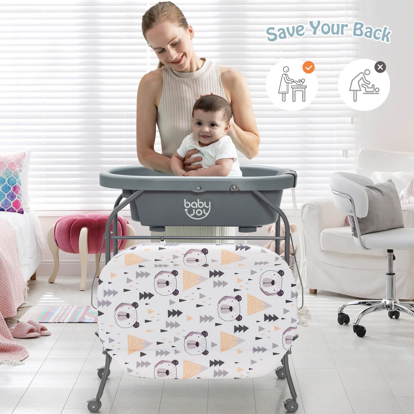 Folding Baby Changing Table with Bathtub and 4 Universal Wheels-Blue