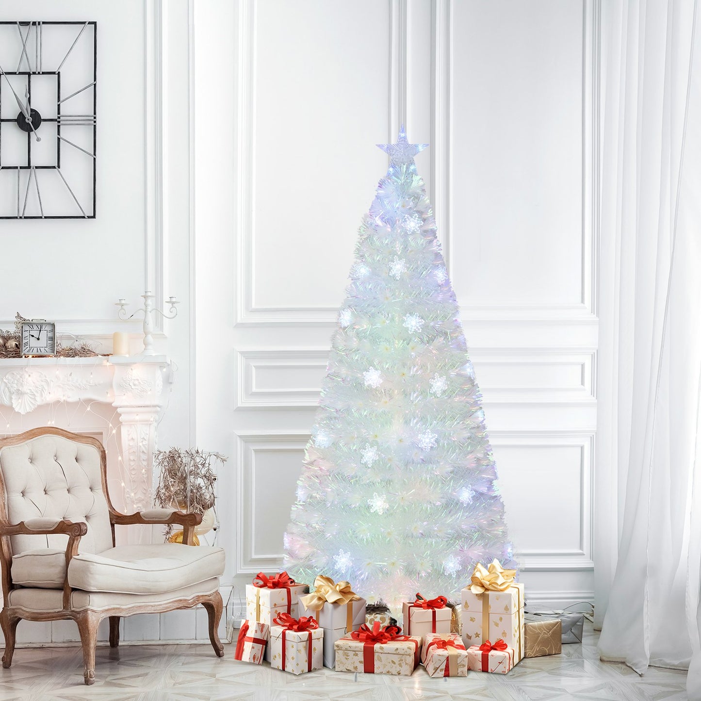 5/6/7 Feet Pre-Lit White Artificial Christmas Tree with Iridescent Leaves-7 ft