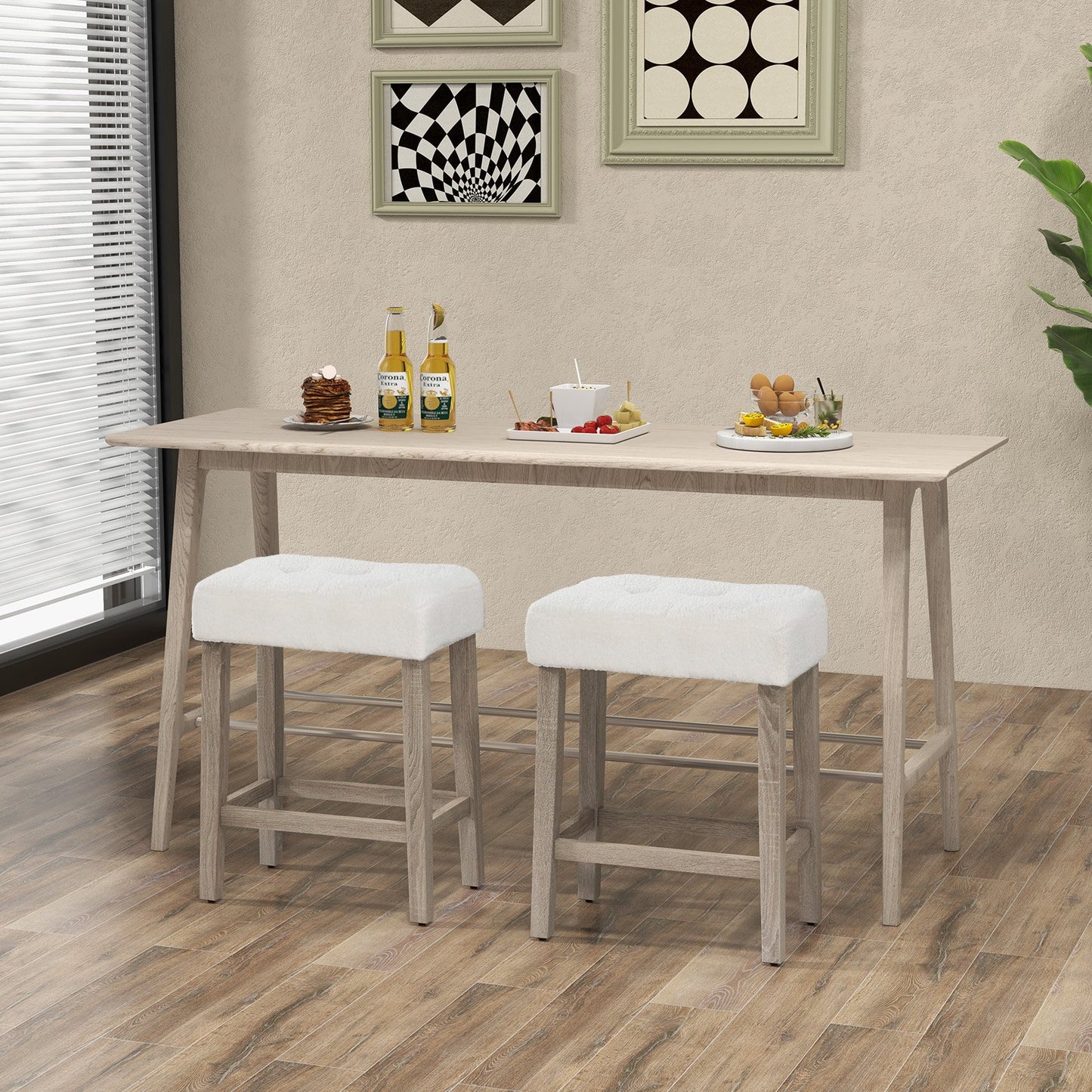 Modern Counter Height Bar Stools Set of 2 with Rubber Wood Legs-Beige and Natural