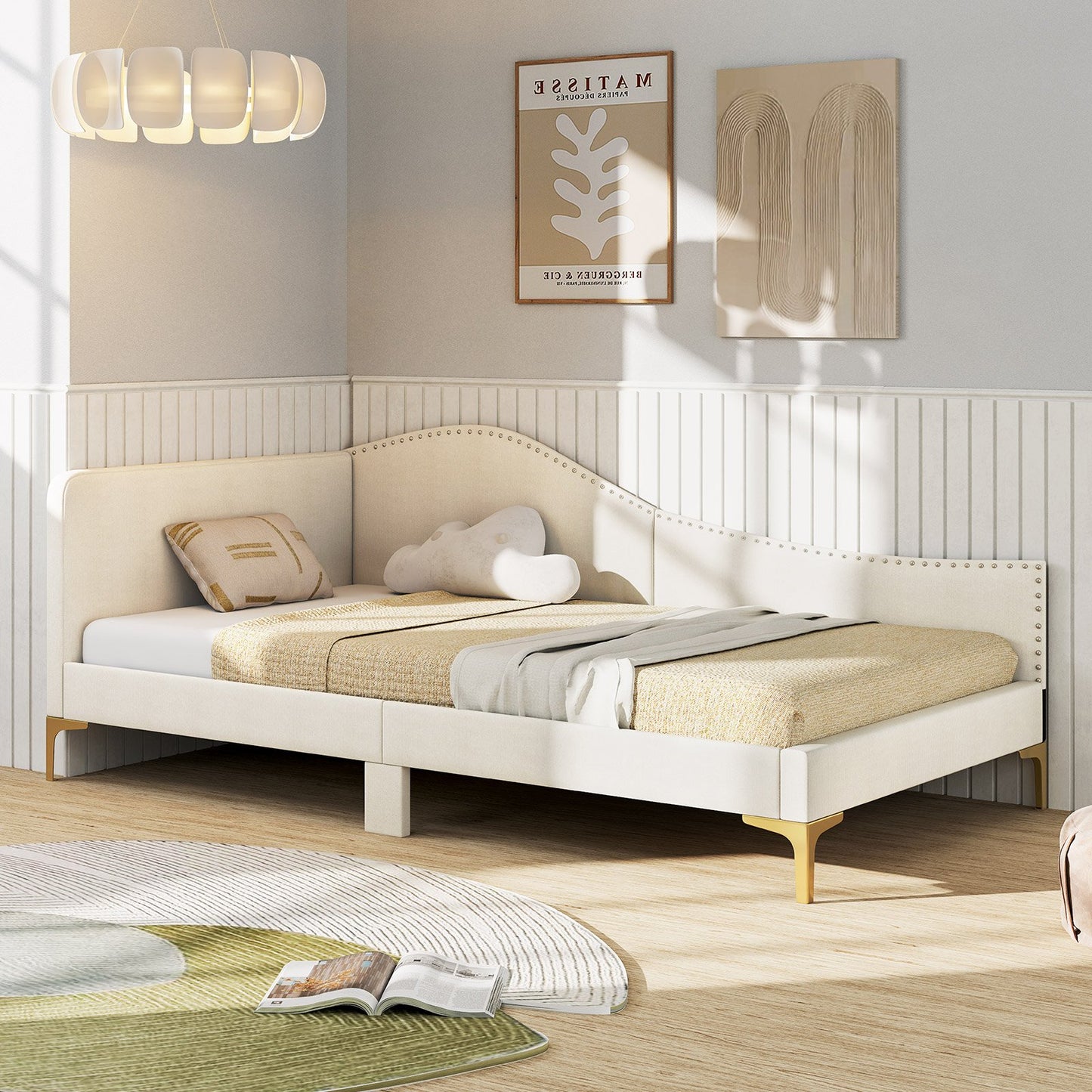 Full/Twin Size Upholstered Daybed with Metal Legs and Wood Slats-Full Size