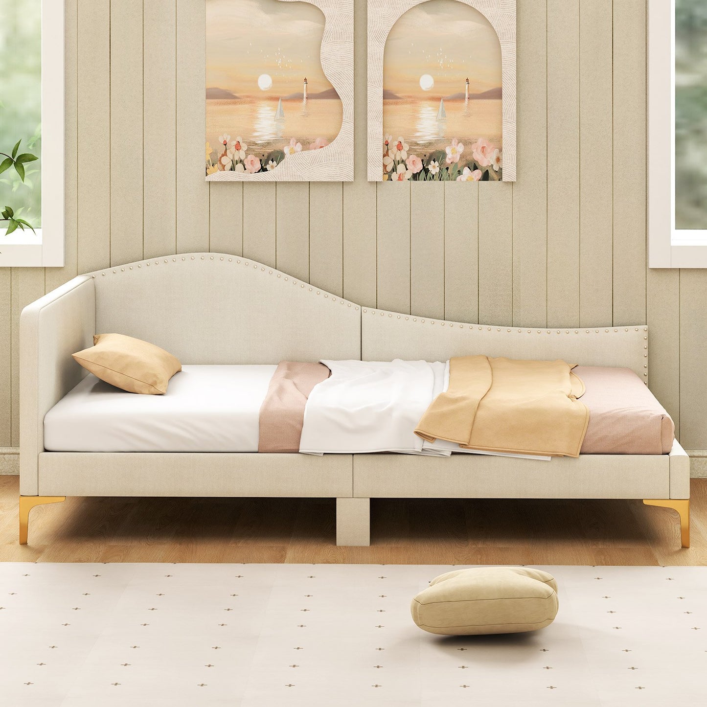 Full/Twin Size Upholstered Daybed with Metal Legs and Wood Slats-Full Size