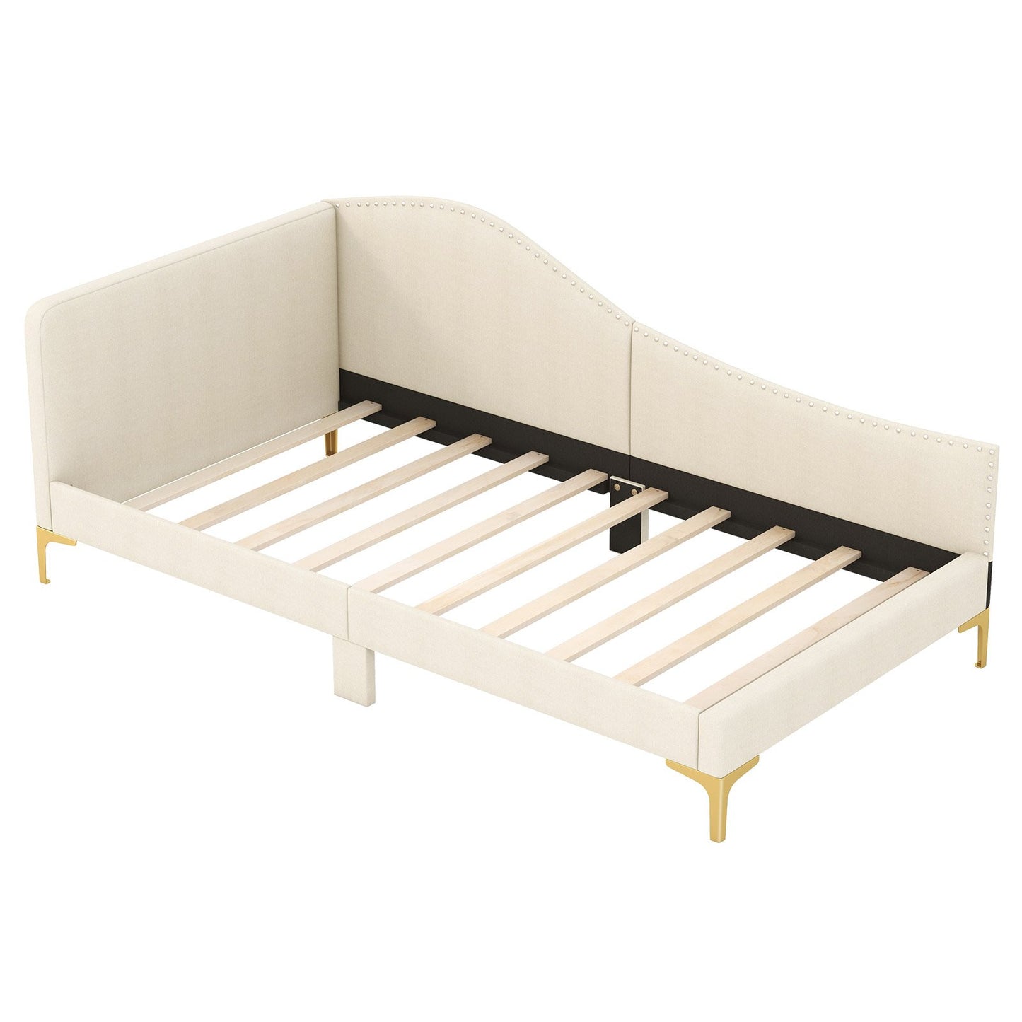 Full/Twin Size Upholstered Daybed with Metal Legs and Wood Slats-Full Size