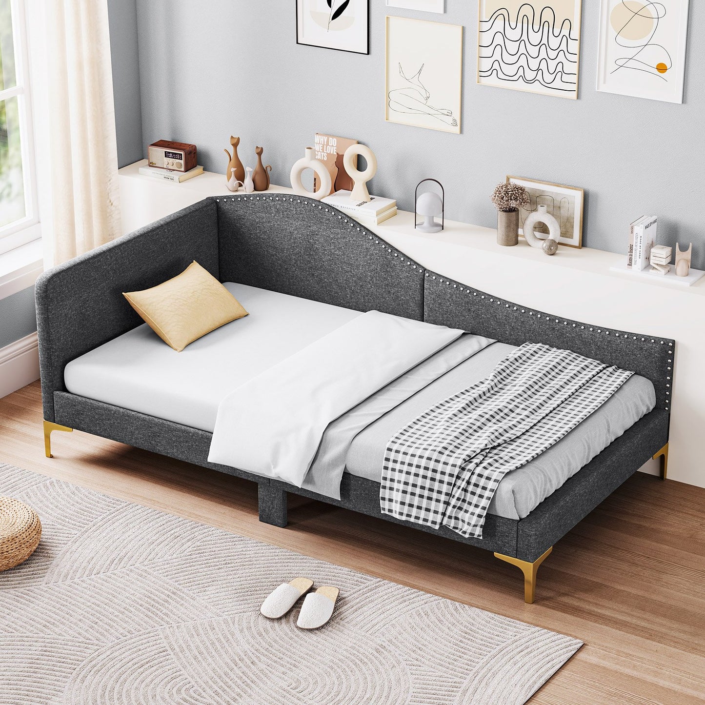Full/Twin Size Rivet-Tufted Platform Bed with Metal Legs and Wood Slats-Full Size
