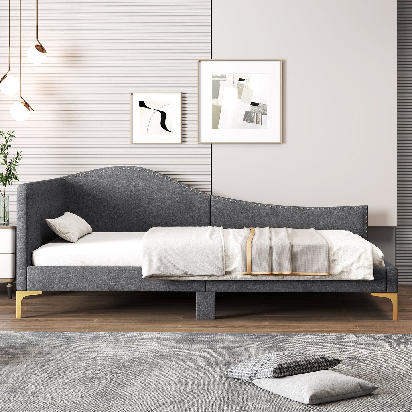 Full/Twin Size Rivet-Tufted Platform Bed with Metal Legs and Wood Slats-Full Size