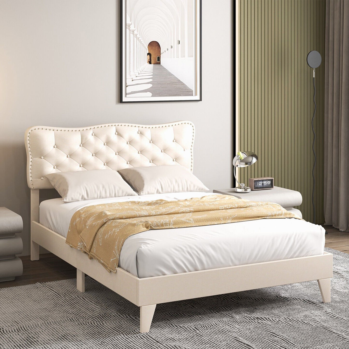 Full/Queen Size Bed Frame with Nail Headboard and Wooden Slats-Queen Size