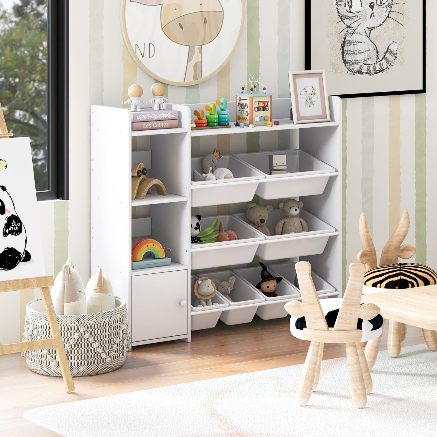 4-Tier Kids Bookshelf and Toy Storage Rack with 8 Toy Organizer Bins-Grey