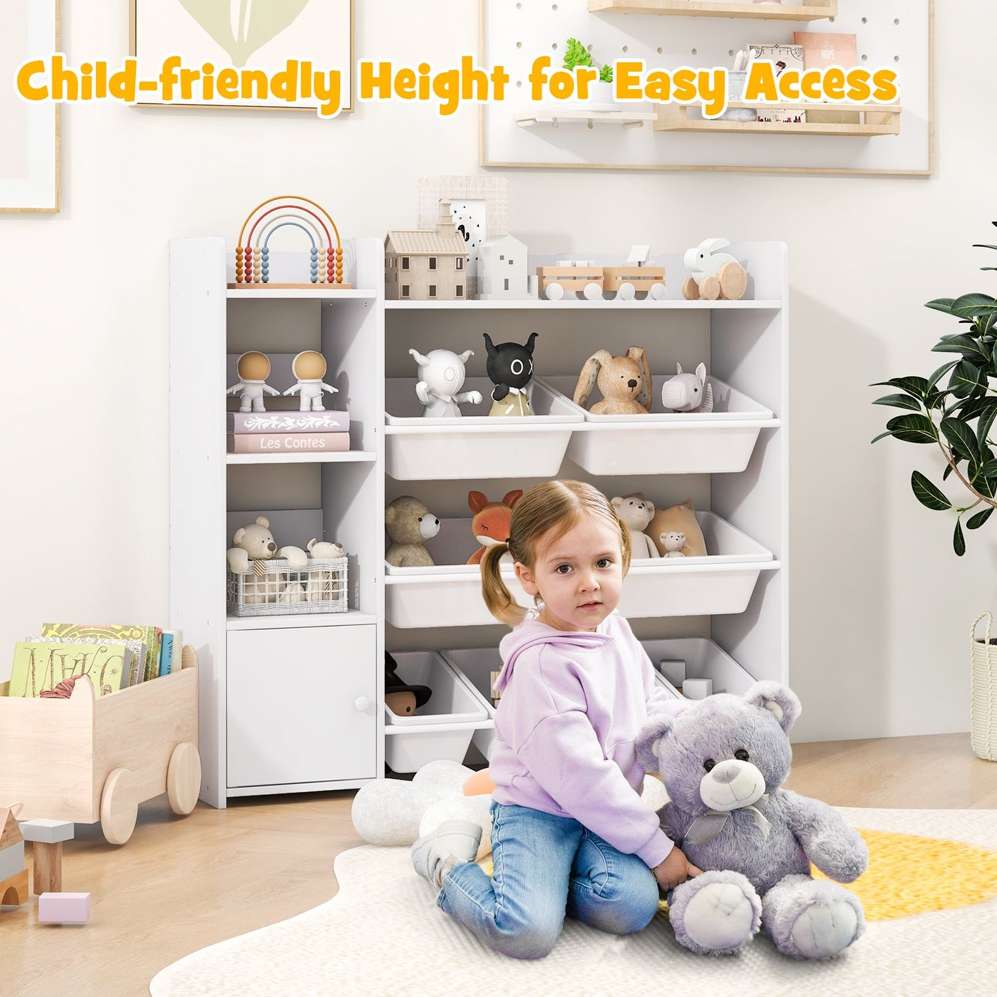 4-Tier Kids Bookshelf and Toy Storage Rack with 8 Toy Organizer Bins-Grey