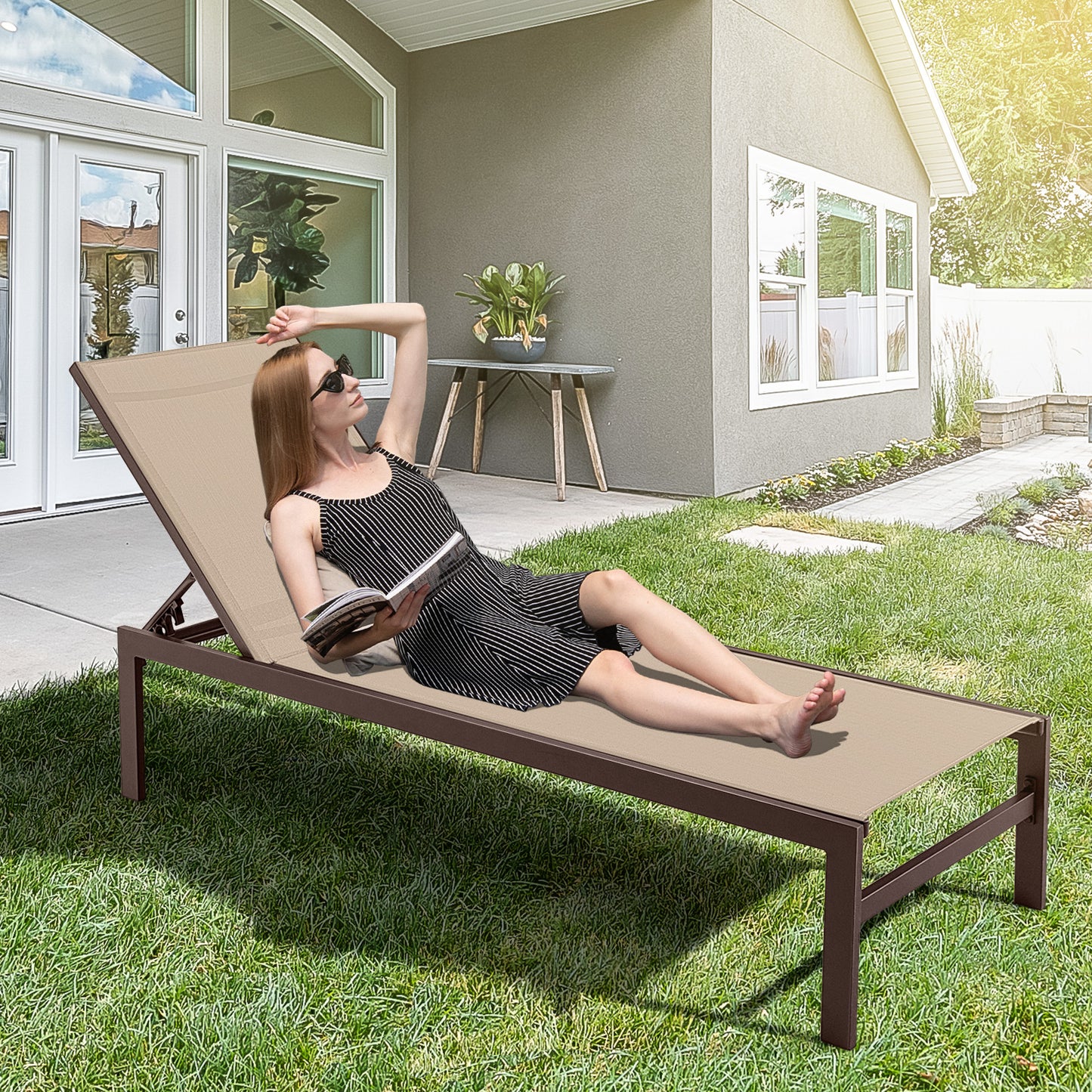 6-Position Chaise Lounge Chairs with Rustproof Aluminium Frame-Black