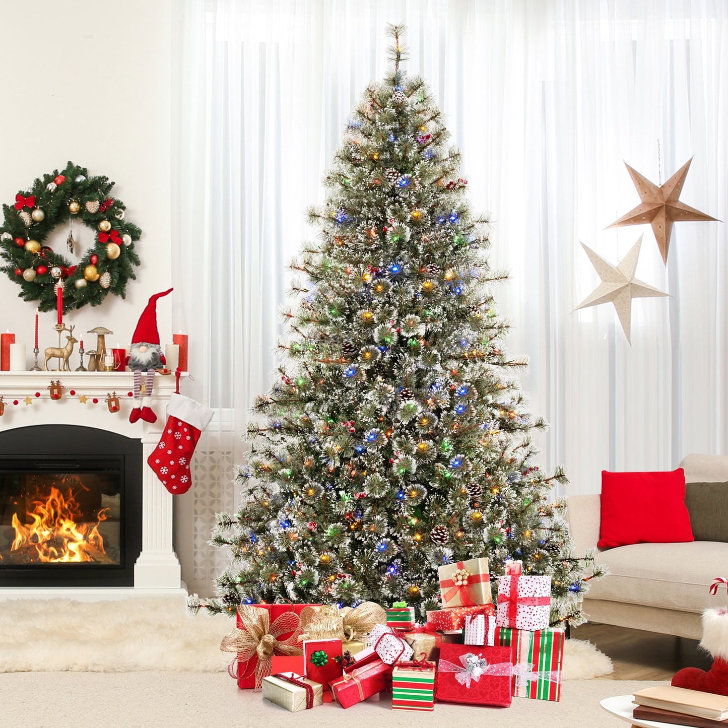 6/7.5/9 FT Artificial Christmas Tree Pre-Lit Hinged Holiday Tree with 360° Quick Power Connector-6 ft