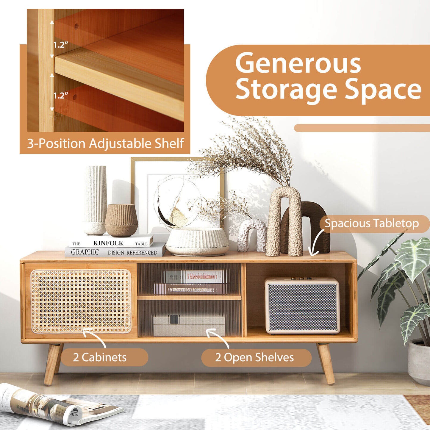 Modern TV Stand with Rattan Glass Sliding Doors-Brown