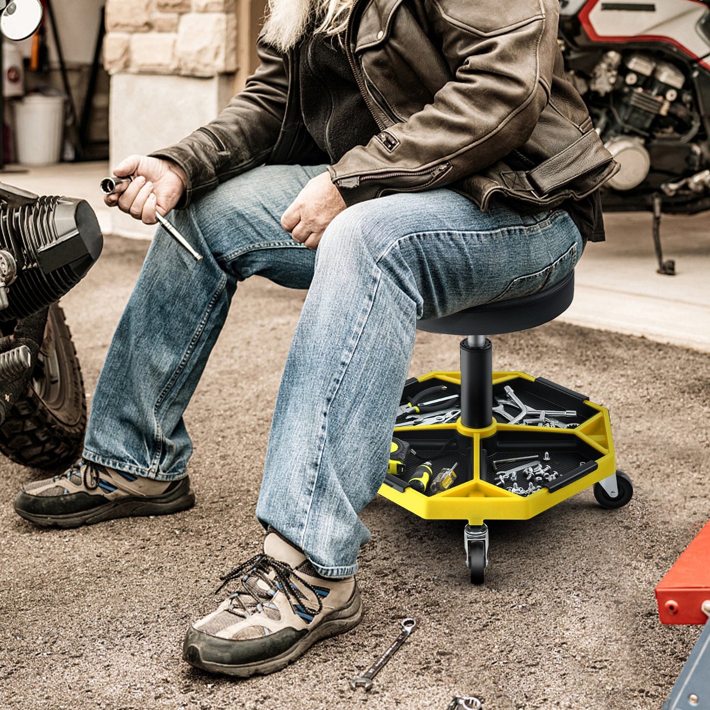 330 LBS Capacity Pneumatic Rolling Mechanic Stool with Padded Seat-Black