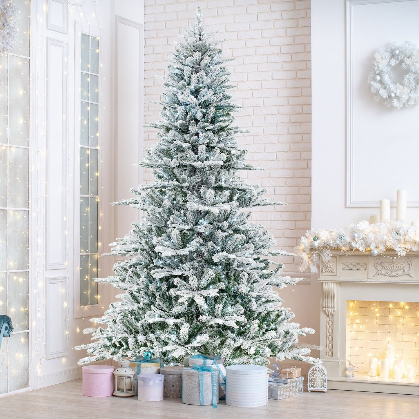 7 Feet Snow Flocked Artificial Christmas Tree with Cool White LED Lights