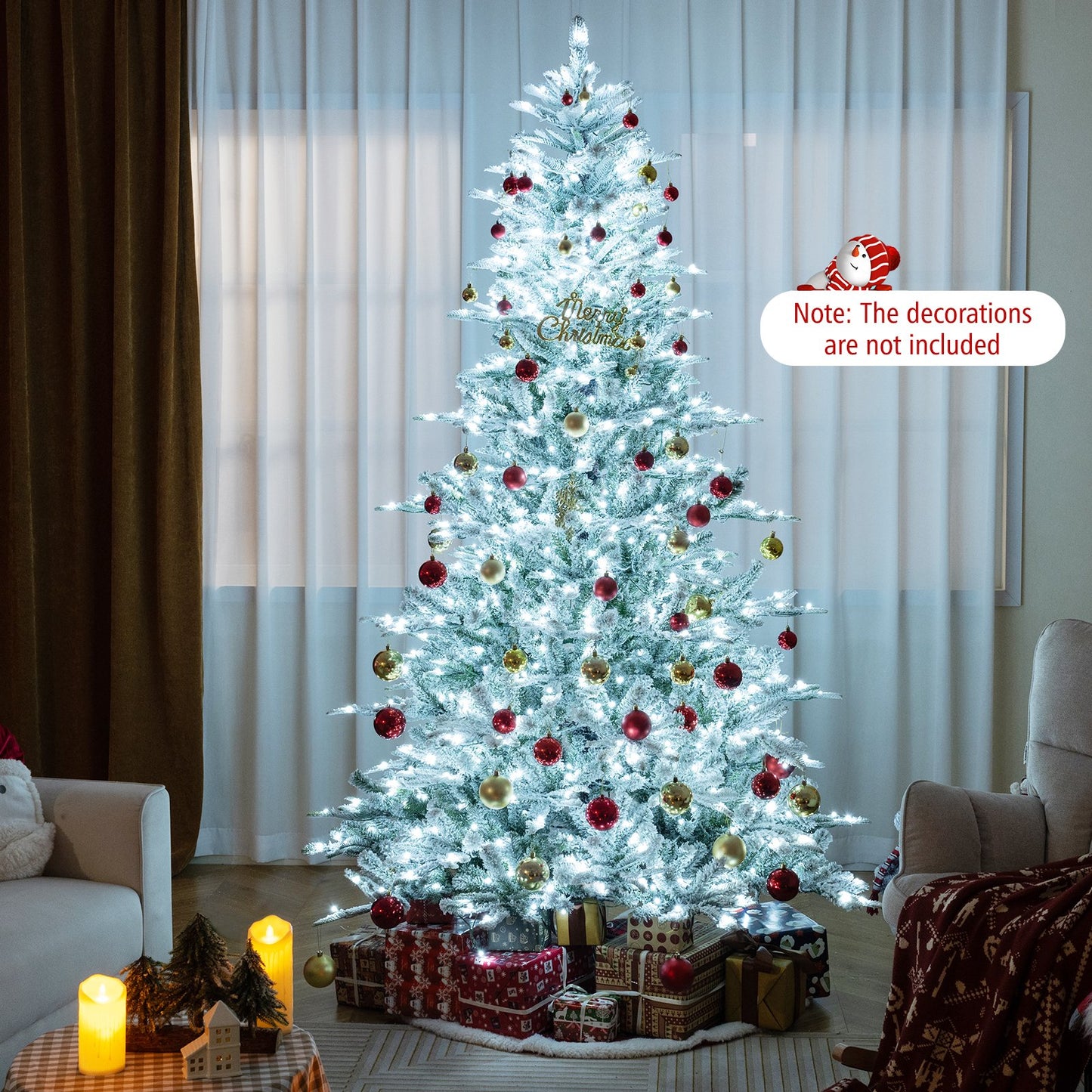 7 Feet Snow Flocked Artificial Christmas Tree with Cool White LED Lights