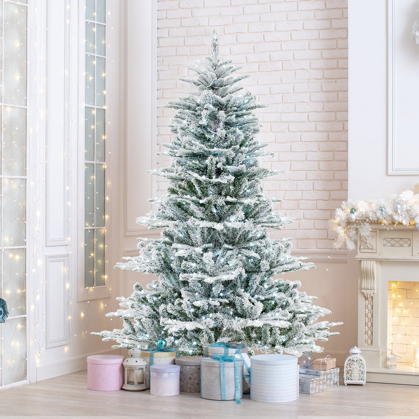 7 Feet Snow Flocked Artificial Christmas Tree with Cool White LED Lights