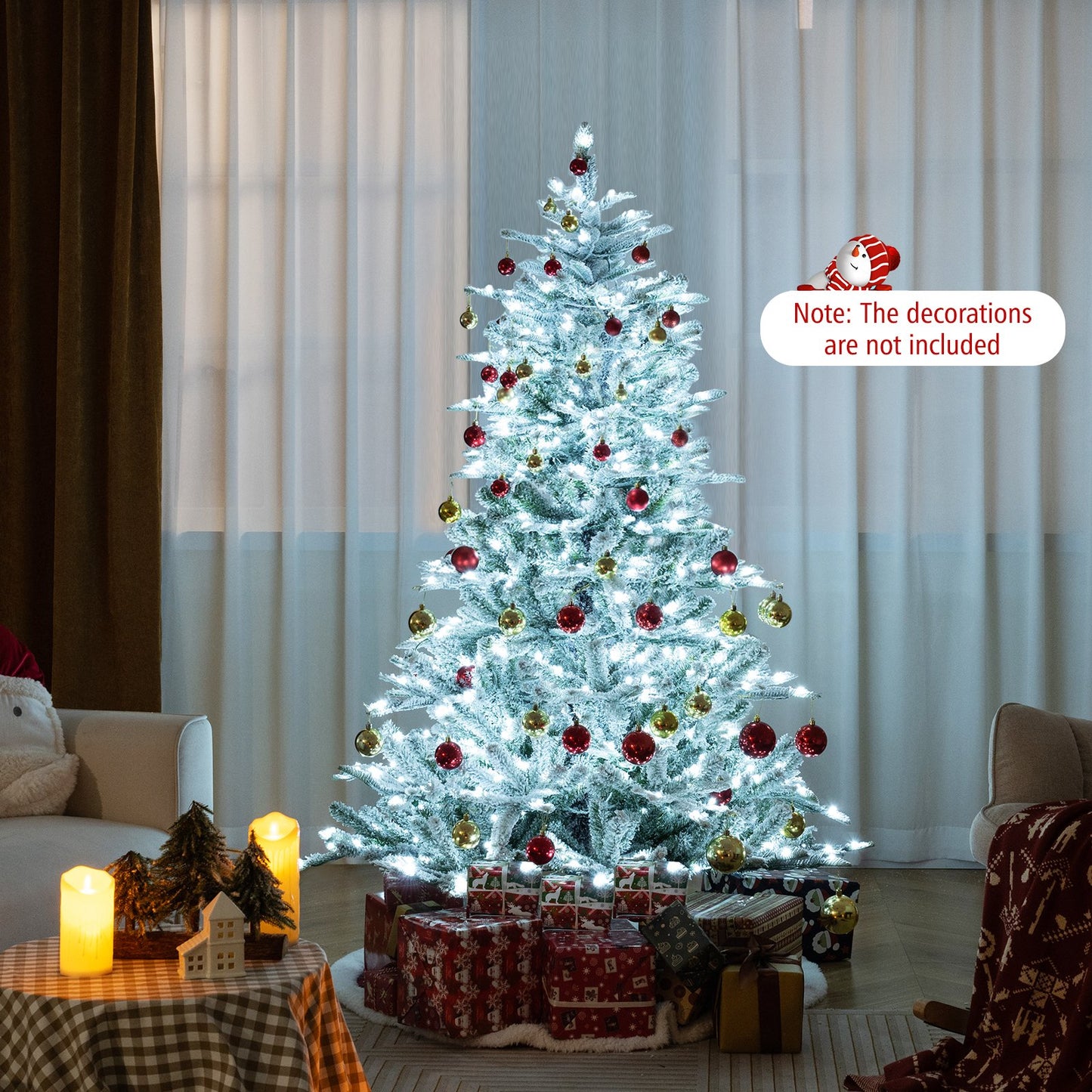 7 Feet Snow Flocked Artificial Christmas Tree with Cool White LED Lights