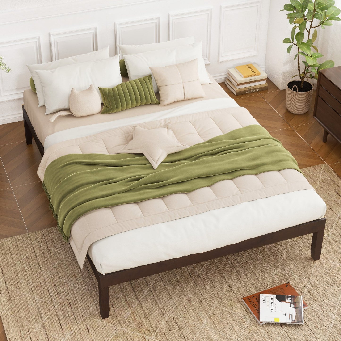 Full Wood Bed Frame with Wooden Slats Support and Rubber Wood Legs-Espresso