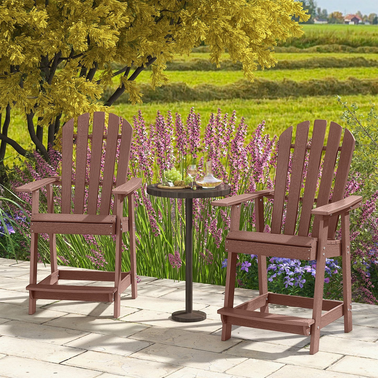 HDPE Patio Chair with Armrest and Footrest for Indoor Outdoor-Brown