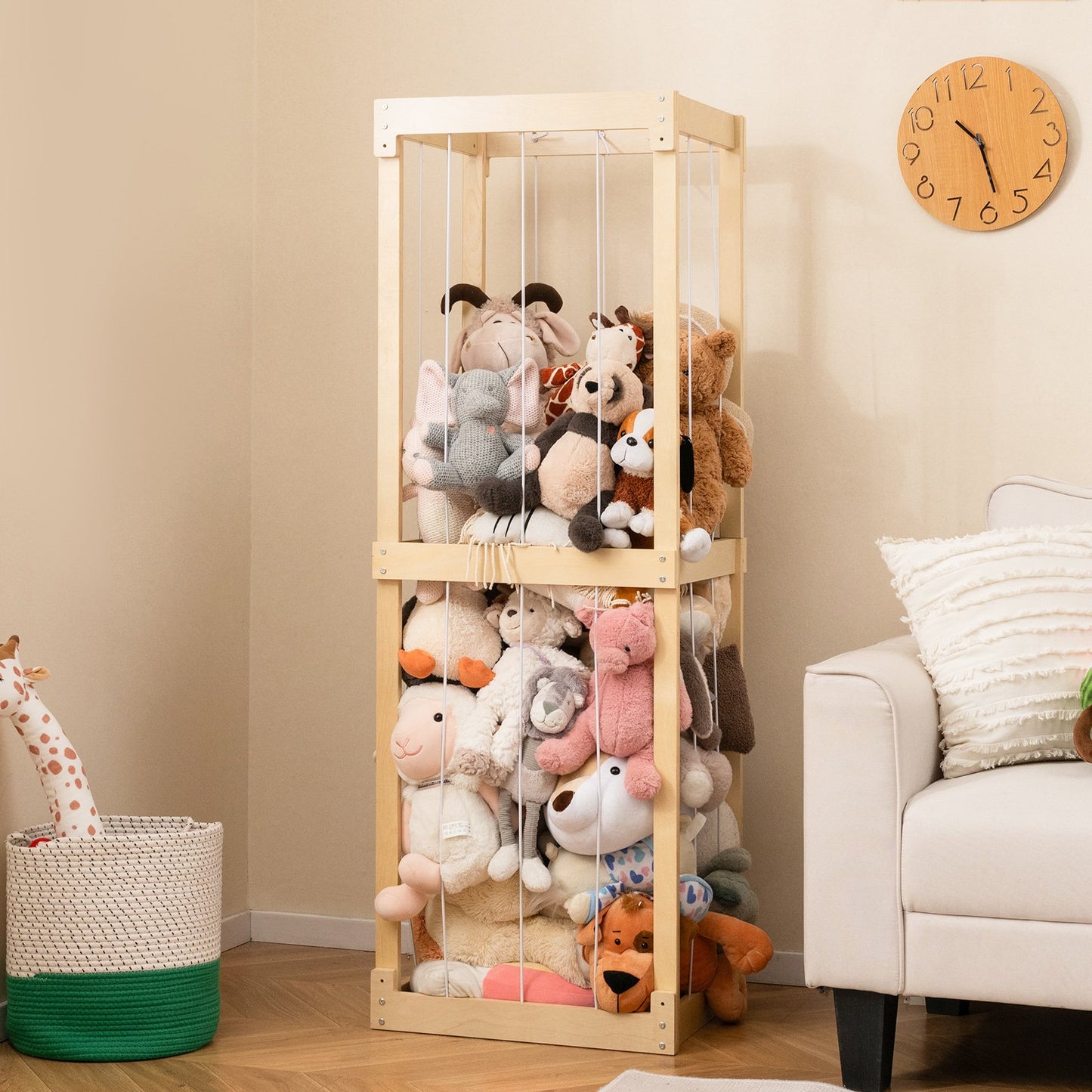 300L Large Stuffed Animal Storage with Open Top and Elastic Cords-Natural