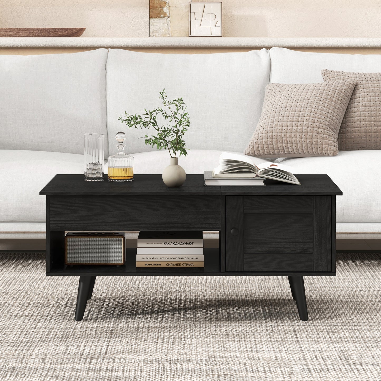Lift Top Coffee Table with Storage and Hidden Compartment-Black