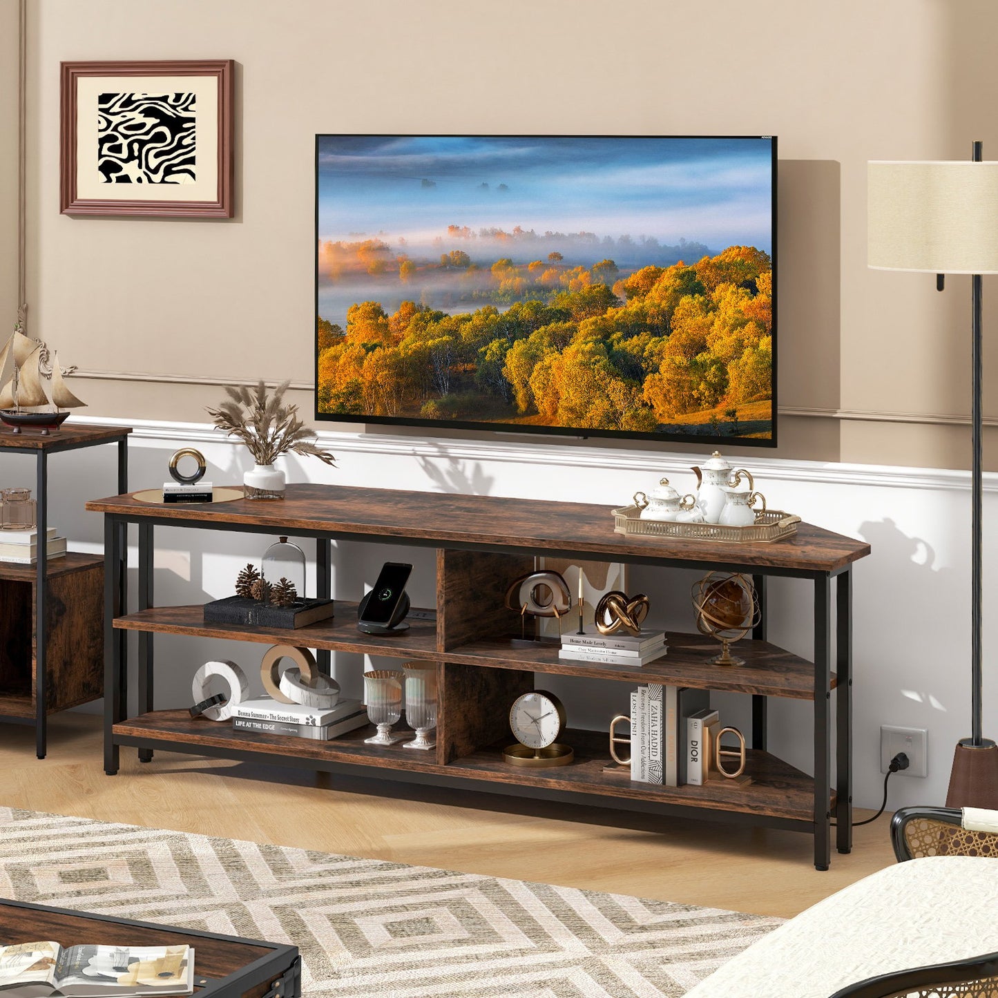 3-Tier Corner TV Stand for TVs up to 65 Inches with Charging Station- Black