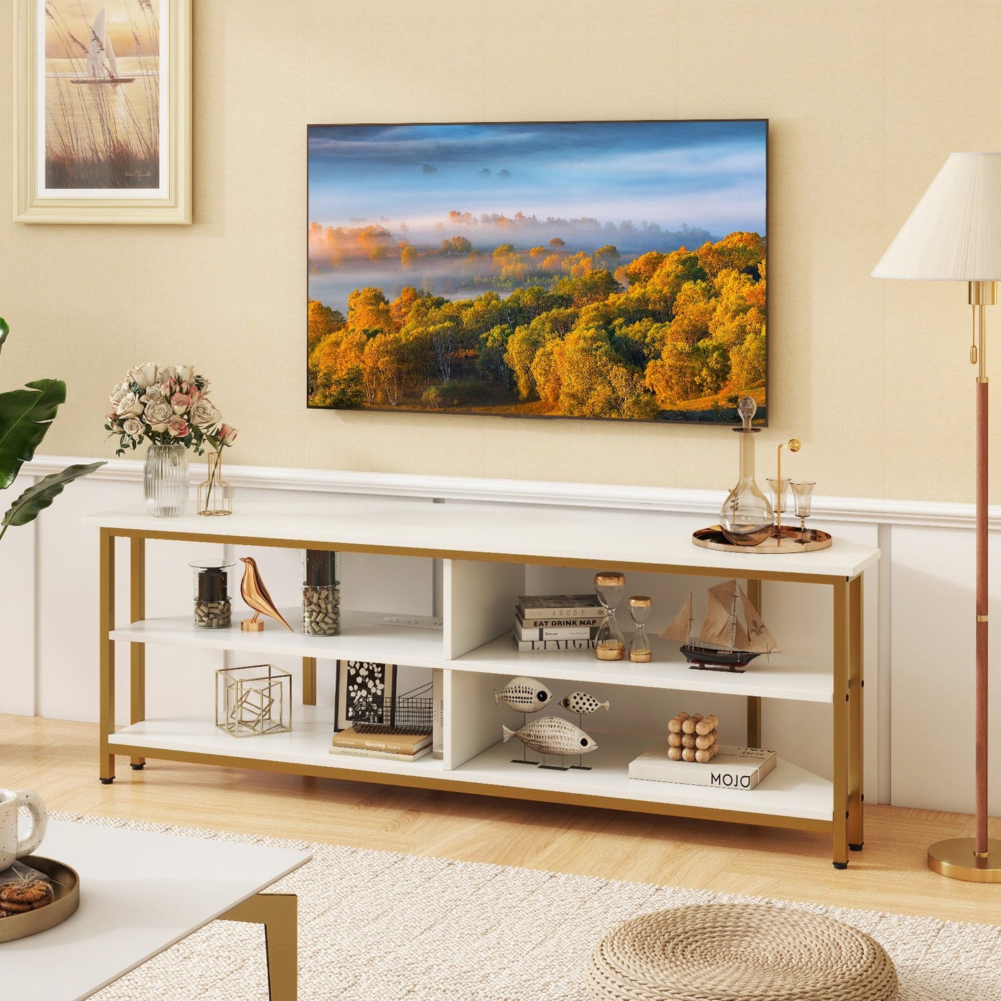 3-Tier Corner TV Stand for TVs up to 65 Inches with Charging Station- Black
