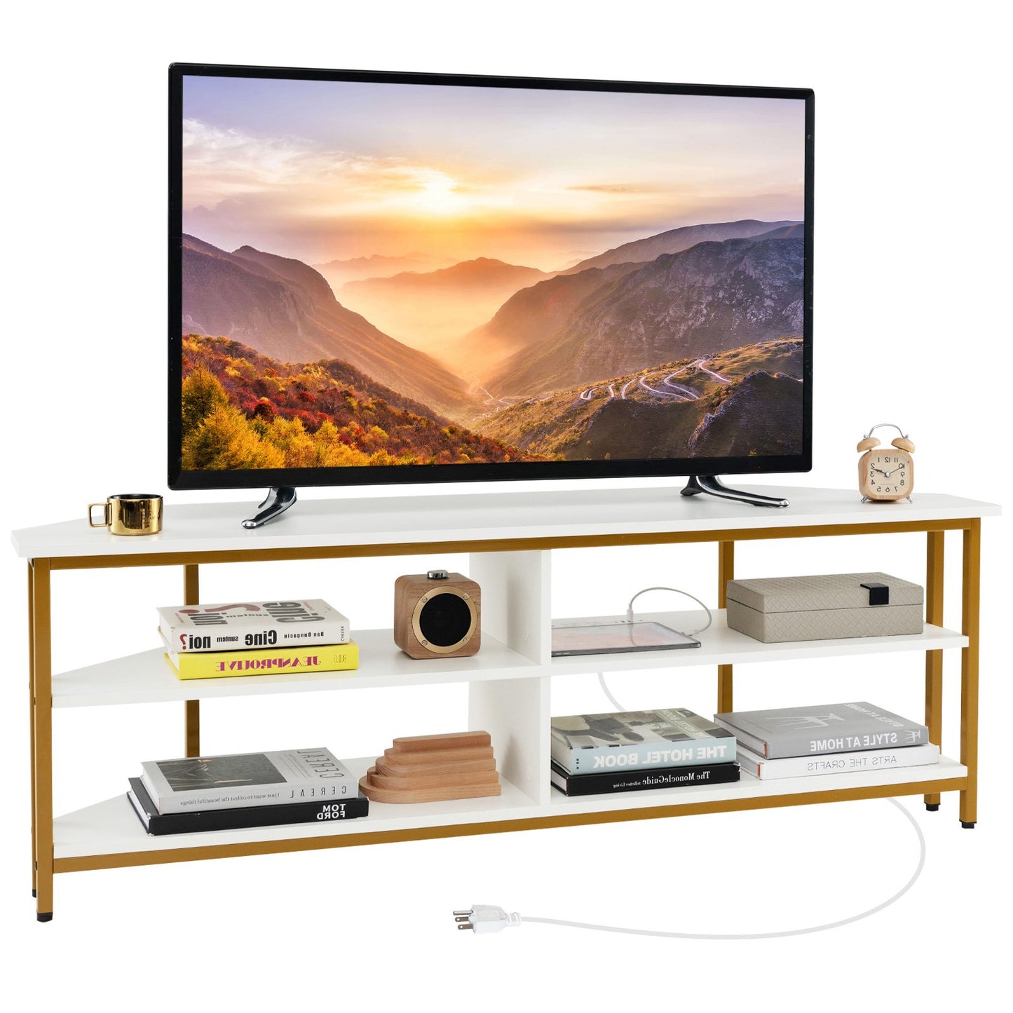3-Tier Corner TV Stand for TVs up to 65 Inches with Charging Station- Black