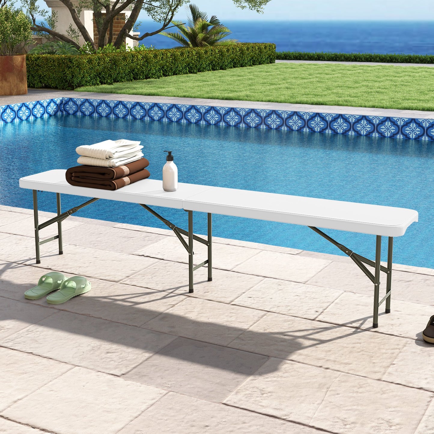 6 Feet Plastic Folding Bench Portable Seat with Handle and Lock-Gray