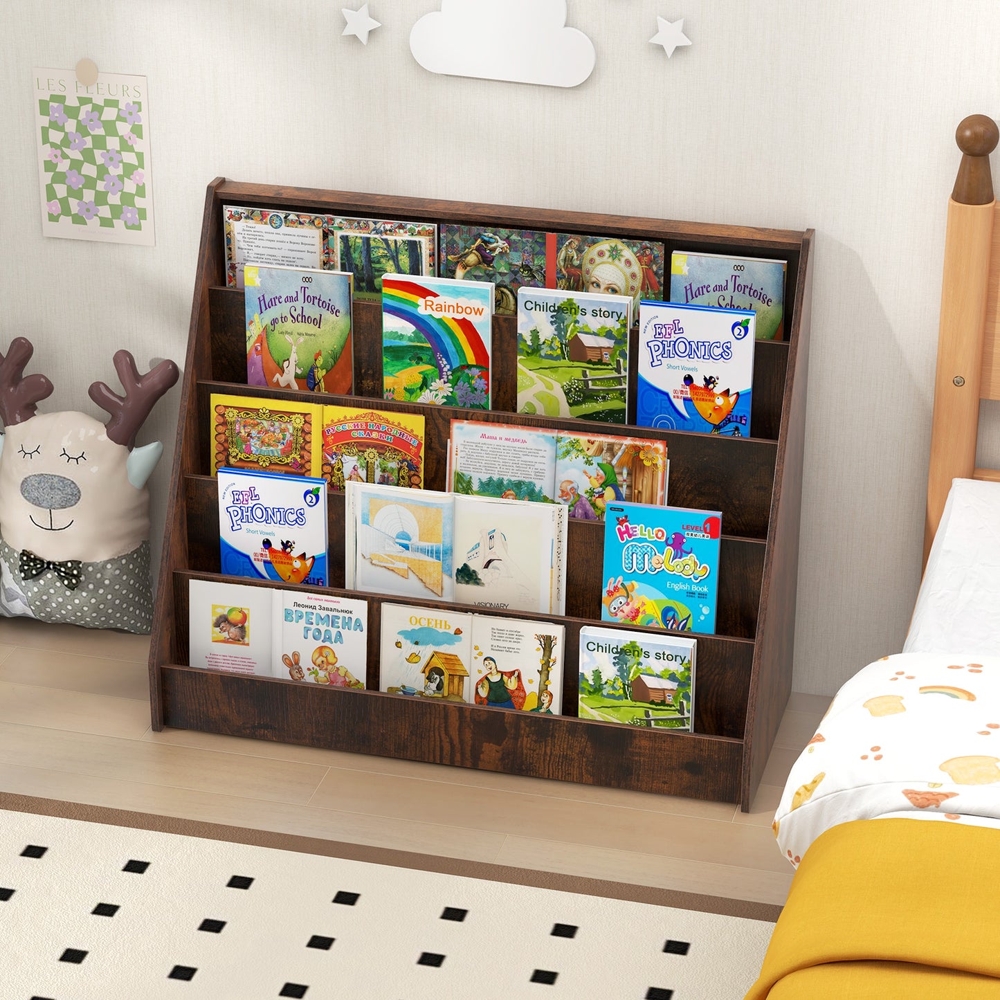 5-Tier Kids Bookshelf with Deep Compartments and Stable Baby Book Case-Natural